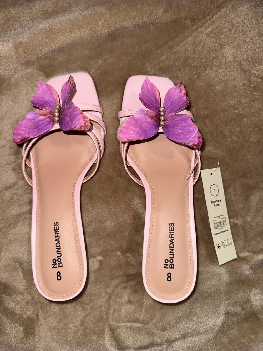No Boundaries Pink Slide Sandals with Purple Butterfly Accent